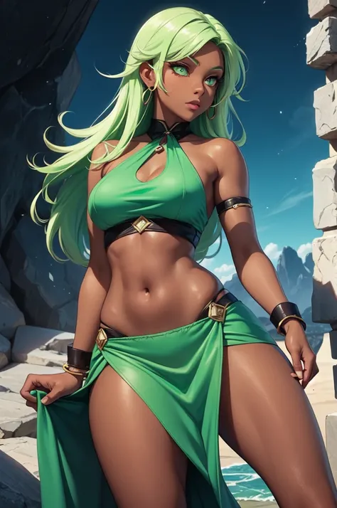 Dark skin woman, brown skin, long seafoam color hair with light green highlights, green emerald eyes, dark blue halter top, dark blue elbow length gloves, green emerald bracelets, bare legs, dark blue shorts, green emerald loincloth. green magic comes out ...