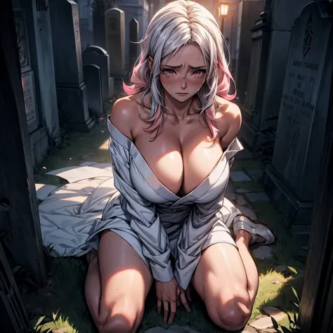 Masterpiece, 1girl,solo,huge breasts, ghost costume , (hitodama) ,night, tombstone, graveyard, long sleeves, very long sleeves, , ghost, pale skin,, off shoulder, cleavage, no bra, (((extremely long white hair))), kneeling on ground by tombstone, bare legs...