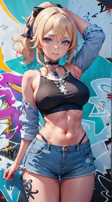 Jean Genshin Effect, master-piece, bestquality, 1girls,25 years old, shorts jeans, oversized breasts, ,bara, crop top, shorts jeans, choker, (Graffiti:1.5), Splash with purple lightning pattern., arm behind back, against wall, View viewers from the front.,...