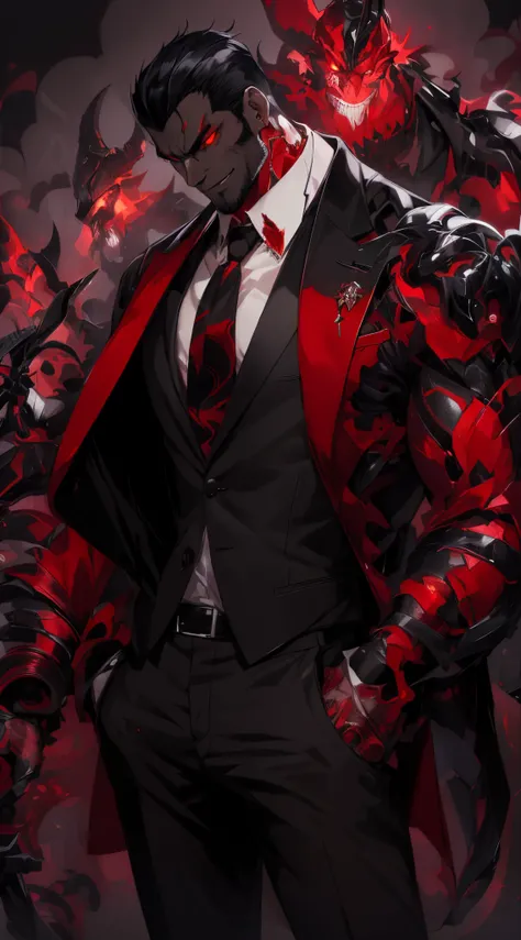 1male, black hair, red eyes, handsome, huge, evil, wearing a suit, smirk, 4k, official art, masterpiece, highly detailed, stunning quality