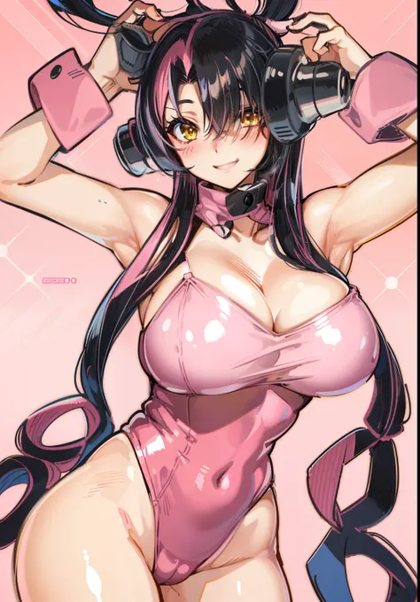 blush, cleavage, red fingerless gloves,glowing aura, natural light, masterpiece,  glossy skin, juicy lips ,long hair, cute, kawaii, adorable, reaching up, adult, cuddle, kawaii clothes,random hair style, random clothes, black hair, (((pink streaks in hair)...