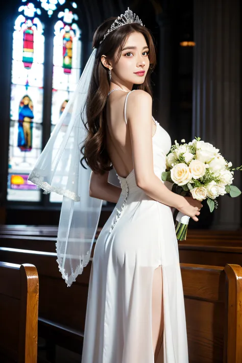 In front of the stained glass in the church、bride offering prayers、Whole body、8K、realphoto、超A high resolution, Master Parts, Best Quality, nffsw , cinematic images,Lovely girl、ann、1６years old、Anglo-Saxon、Green eyes、二重まぶた、very droopy eyes、（very, Very big ey...