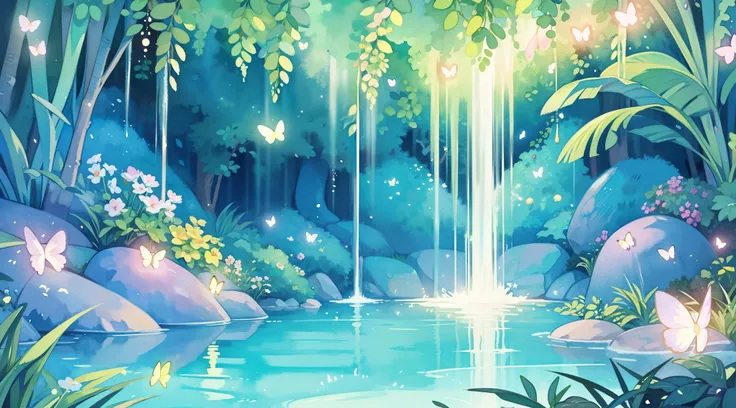 illustration, watercolor illustration, vibrant pastel colors, dreamy, colorful, whimsical, (((magical))), masterpiece, best quality, sharp focus, intricately detailed environment, fine detail, 8k resolution, waterfall lagoon, (magical lagoon), (waterfall, ...