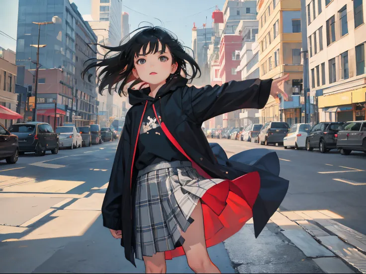 (child:1.2)，（​masterpiece，Highest Quality），Grey plaid skirt，A dark-haired，The wind is blowing