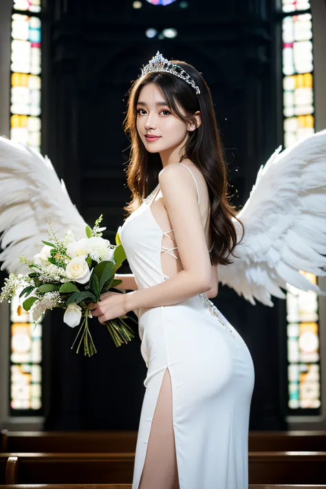 In front of the stained glass in the church、Angels Prayer、8K、realphoto、超A high resolution, Master Parts, Best Quality, nffsw , cinematic images,Lovely girl、ann、1６years old、Anglo-Saxon、Green eyes、二重まぶた、very droopy eyes、（very, Very big eyes：1.８）、Dark eye sha...