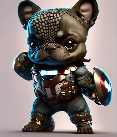 Filmaufnahme des realistischen niedlichen french bulldog puppy, In the marvel Avanger Captain America costume, nahtlos, episch, filmisch, komplizierte Details, awards winning, Schattierung, High quality, detailliert, zentriert