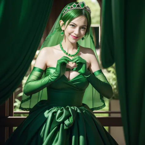 emerald tiara, Green Pearl Necklace, Boyish very short green hair, lipsticks, Japan woman smiling, very short short hair,  big breasts beautiful, Green eyes, Long green gloves made of satin material, Green eyes, Emerald Earrings, green vale, Heart with bot...