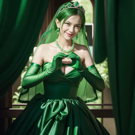 emerald tiara, Green Pearl Necklace, Boyish very short green hair, lipsticks, Japan woman smiling, very short short hair,  big breasts beautiful, Green eyes, Long green gloves made of satin material, Green eyes, Emerald Earrings, green vale, Heart with bot...