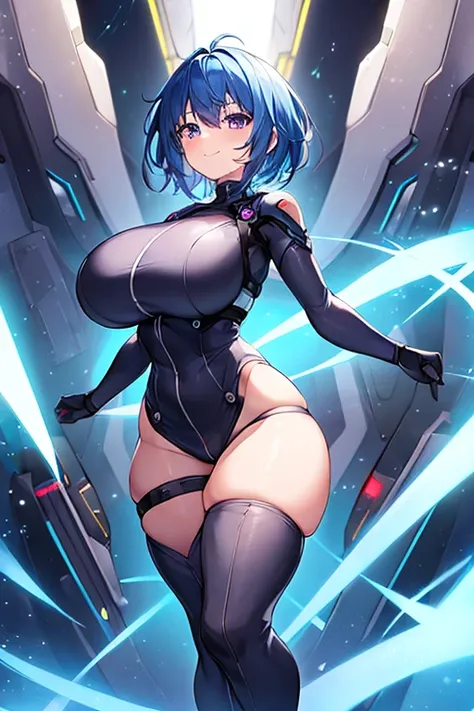 1girl, blue hair, large breasts, breasts, thick thighs, wide hips, purple eyes, bodysuit, black bodysuit, short hair, light smile, happy, very short hair, science-fiction, tech, futuristic, machinery, full body