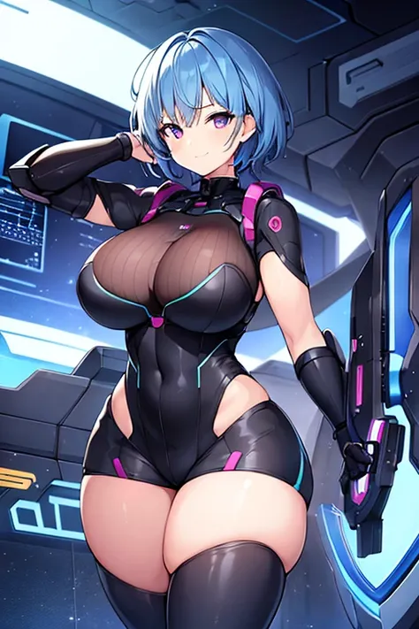 1girl, blue hair, large breasts, breasts, thick thighs, wide hips, purple eyes, bodysuit, black bodysuit, short hair, light smile, happy, very short hair, science-fiction, tech, futuristic, machinery, full body