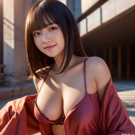 in the city,Beautiful woman,((a women)),beautiful,Open legs,Gentle smile,20 years old,Japanese,Beautiful bare skin,Smooth bare skin, big well-shaped breasts,large cleavage,swept bangs,(black bob cut), (beatiful detailed eyes), slightly see-through clothes,...