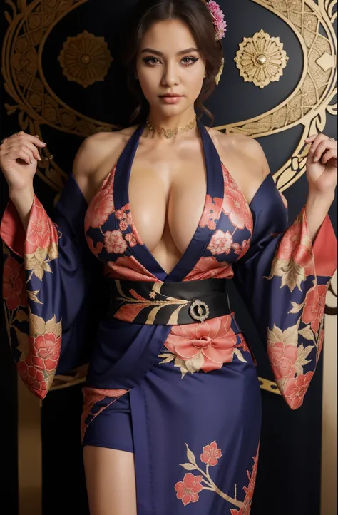 1girl, ((muscular body:1)), intricate, kimono, (eyeliner:1.2), looking at viewer,jewelry, detailed background,huge breasts (masterpiece, high quality:1),