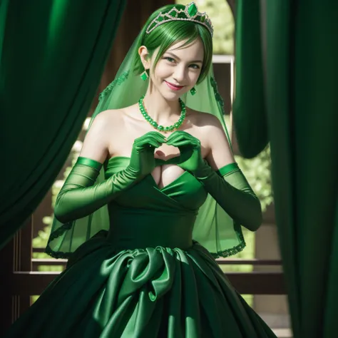 emerald tiara, Green Pearl Necklace, Boyish very short green hair, lipsticks, Japan woman smiling, very short short hair,  big breasts beautiful, Green eyes, Long green gloves made of satin material, Green eyes, Emerald Earrings, green vale, Heart with bot...