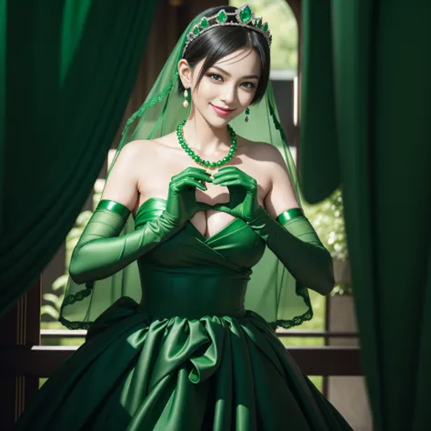 emerald tiara, Green Pearl Necklace, Boyish very short black hair, lipsticks, Japan woman smiling, very short short hair,  big breasts beautiful, Green eyes, Long green gloves made of satin material, Green eyes, Emerald Earrings, green vale, Heart with bot...