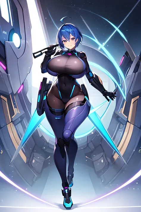 1girl, blue hair, large breasts, wide hips, purple eyes, bodysuit, black bodysuit, short hair, light smile, happy, very short hair, science-fiction, tech, futuristic, machinery, full body, ((full body))