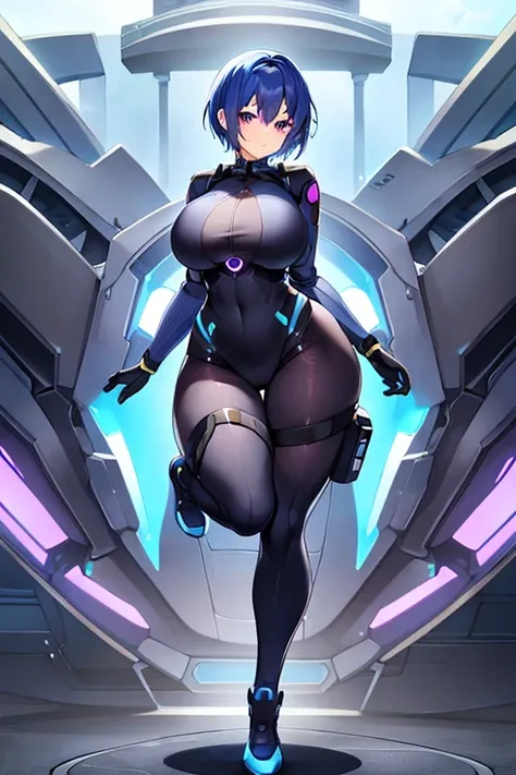 1girl, blue hair, large breasts, wide hips, purple eyes, bodysuit, black bodysuit, short hair, light smile, happy, very short hair, science-fiction, tech, futuristic, machinery, full body, ((full body))