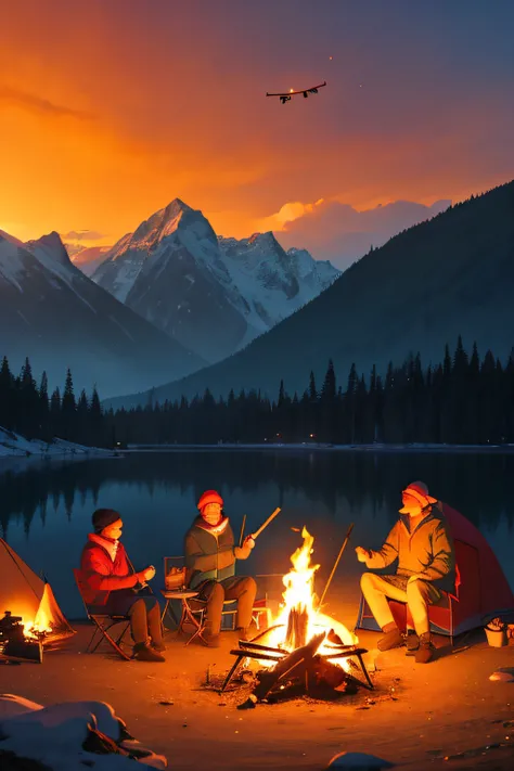 A camp with a tent, food turning on a stick above the fire, vivid colors