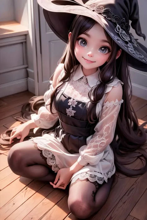 a demon girl smiling in a lace dress sitting on the floor, witch clothes, lace clothing, tights, (((sfw)))