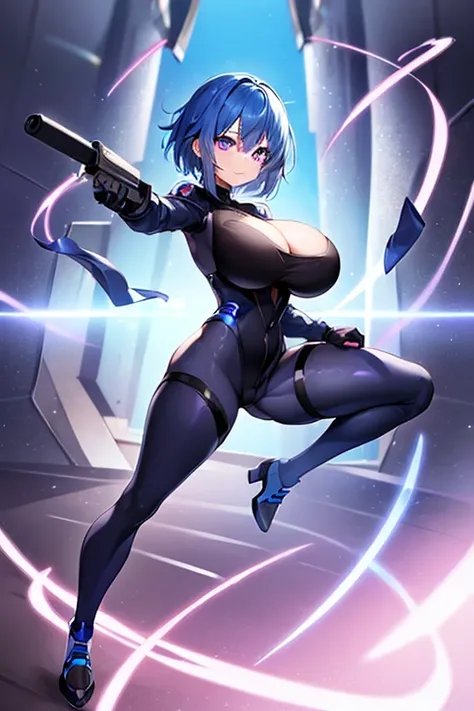 1girl, blue hair, large breasts, wide hips, purple eyes, bodysuit, black bodysuit, short hair, light smile, happy, very short hair, science-fiction, tech, futuristic, machinery, full body, ((full body)), whip. fighting stance