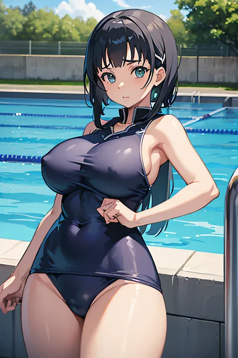 Naoha Kirigaya(sword art online), 1girl, ​masterpiece、top-quality、School swim wear、huge tit、A sexy、swimming pools、large breasts