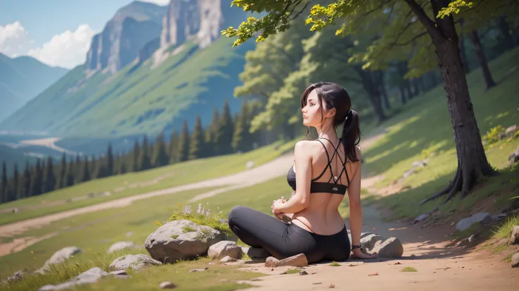 woman doing diaphragmatic breathing exercise in nature --auto --s2