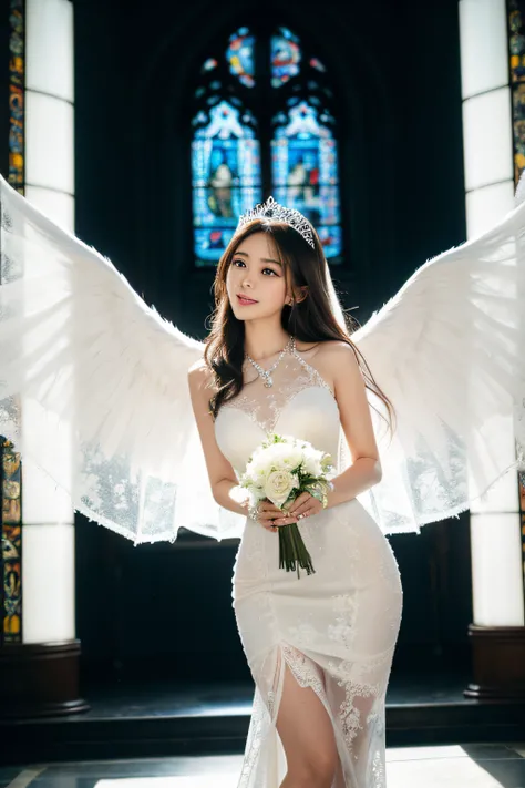 In front of the stained glass in the church、bride offering prayers、Whole body、8K、realphoto、超A high resolution, Master Parts, Best Quality, nffsw , cinematic images,Lovely girl、ann、1６years old、Anglo-Saxon、Green eyes、二重まぶた、very droopy eyes、（very, Very big ey...