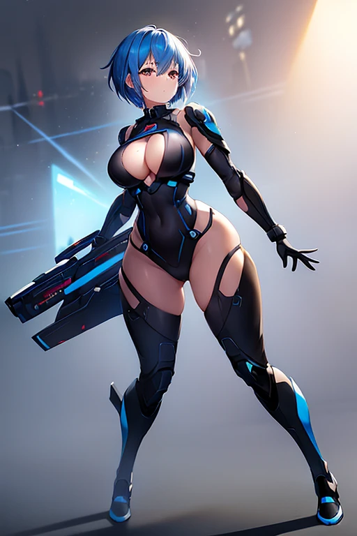 1girl, blue hair, breasts, wide hips, bodysuit, black bodysuit, short hair, very short hair, science-fiction, tech, futuristic, machinery, full body, ((full body)), fighting stance, hair ornament, ornament,