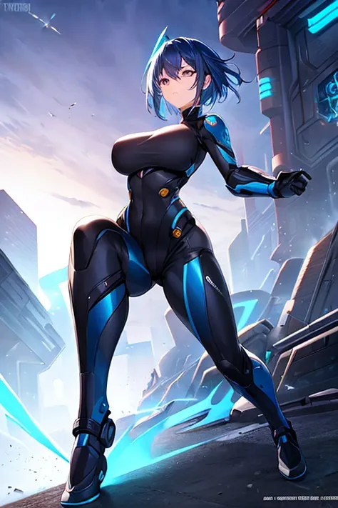 1girl, blue hair, breasts, wide hips, bodysuit, black bodysuit, short hair, very short hair, science-fiction, tech, futuristic, machinery, full body, ((full body)), fighting stance, hair ornament, ornament,