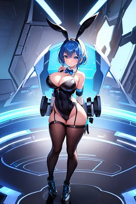 1girl, blue hair, large breasts, bunny ears, rabbit ears, wide hips, bodysuit, black bodysuit, short hair, very short hair, science-fiction, tech, futuristic, machinery, full body, ((full body)),