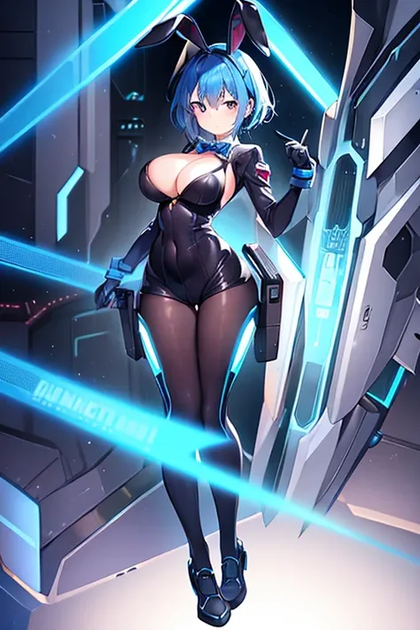 1girl, blue hair, large breasts, bunny ears, rabbit ears, wide hips, bodysuit, black bodysuit, short hair, very short hair, science-fiction, tech, futuristic, machinery, full body, ((full body)), neon trim