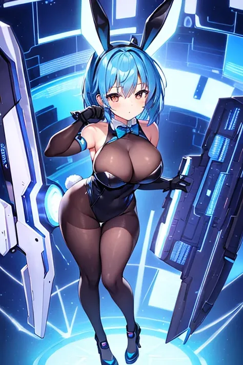 1girl, blue hair, large breasts, bunny ears, rabbit ears, wide hips, bodysuit, black bodysuit, short hair, very short hair, science-fiction, tech, futuristic, machinery, full body, ((full body)), neon trim