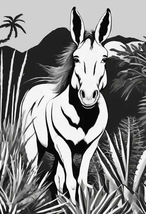 black and white animation background of the Brazilian northeastern hinterland with typical semi-arid vegetation with cacti, sun, heat, with a cartoon animal like a donkey, donkey, donkey, donkey in the dreamworks style, the sherek drawing donkey., small, C...