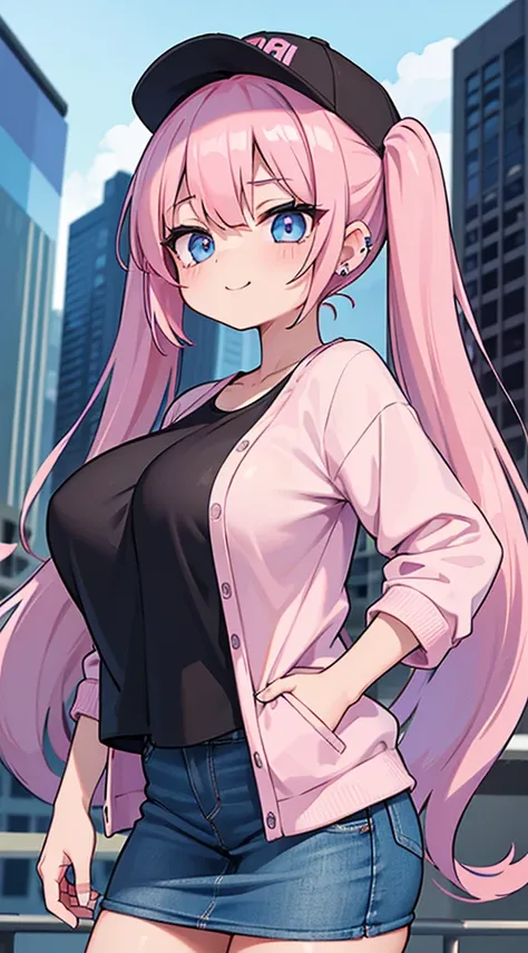 (​masterpiece、top-quality、ultra-detailliert)、((1 girl))、((Pink hair twin tails))、light blue  eyes、evilsmile、piercings、((very Bigger breasts))、Black Baseball Cap、a black T-shirt、denim mini pencil skirt、cowboy  shot、City background