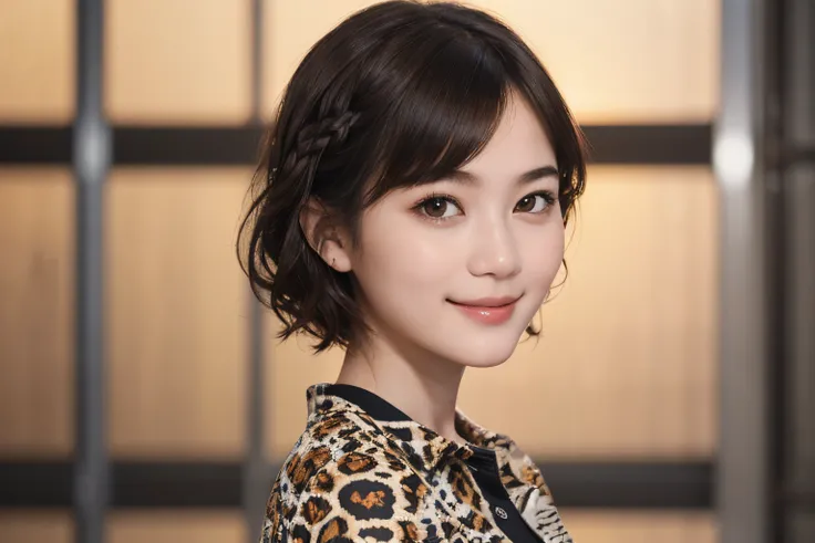 111
(a 20 yo woman,is standing), (A hyper-realistic), (high-level image quality), ((beautiful hairstyle 46)), ((short-hair)), (Gentle smile), (brest:1.1), (wild animal print clothing)