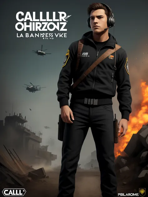 poster promocional al estilo Pixar en 3D de un hombre de cabello corto negro, de piel morena claro, bajito, delgado con pantalon negro, sudadera con la marca de call of duty warzone, Gamer headphones, tenis negros, sentado. incluye la palabra HUNTER BZ 98 ...