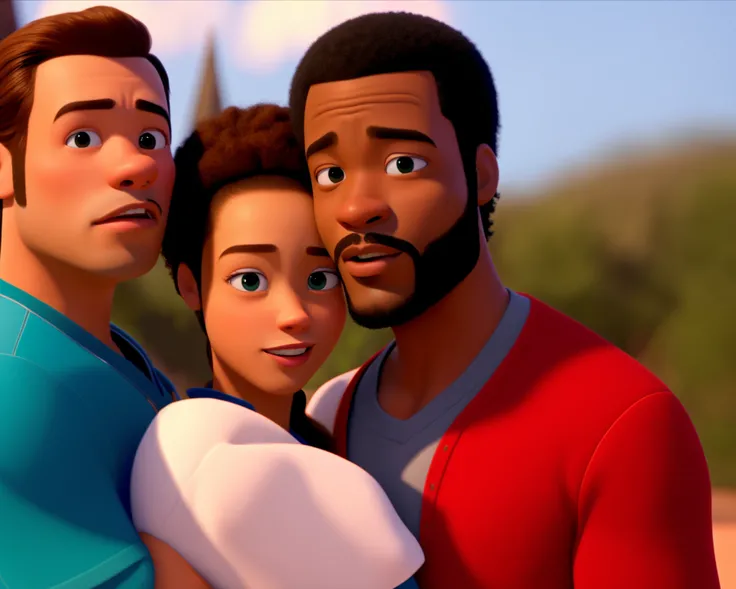 A Disney Pixar tittle. African guy with a beard from behind hugs a white brunette girl with brown eyes and plump lips