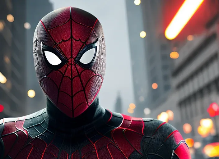 Man with black hair, brown eyes, wearing a red, black and gray Spider-Man costume, has a mask and has a pleasant appearance