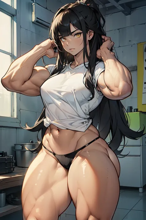 ((((muscular 1girl)))) ((((thick thighs toned body)))) (pale skin) black hair yellow eyes very long hair tight shirt thong bangs