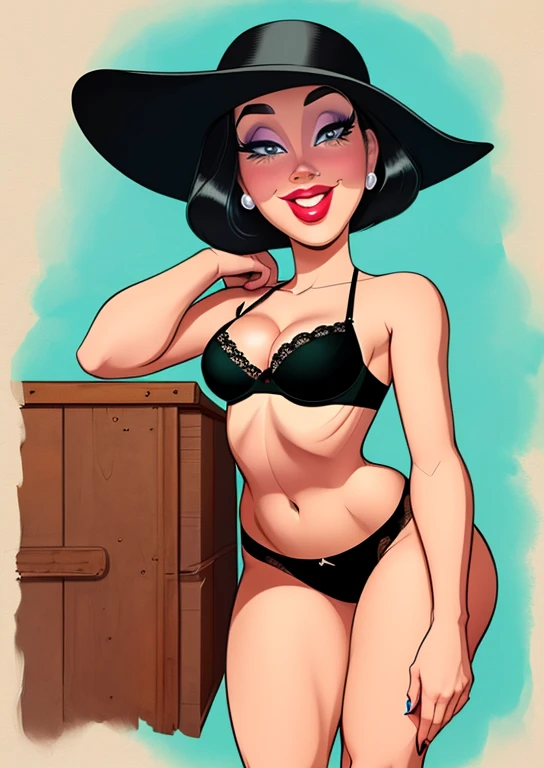 cartoon woman in black bra and panties posing for a photo, arte dos desenhos animados, in cartoon style, Corpo Pinup, menina pinup, cel sombreado:15, arte digital dos desenhos animados, Pinup, Modelo Pinup, menina pinup, sexy :8, Pinup installation, vestin...