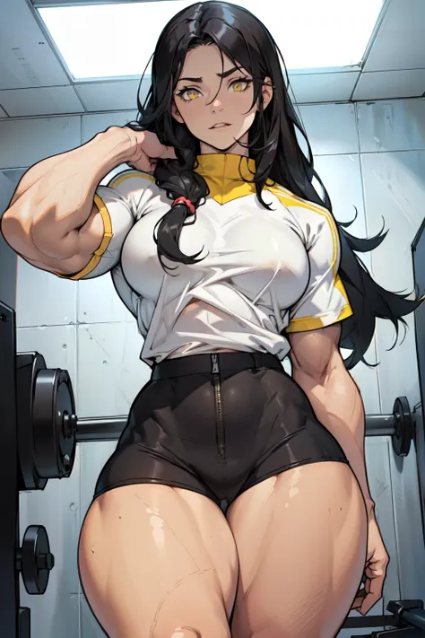 ((((muscular 1girl)))) ((((thick thighs toned body sidelocks)))) (pale skin) black hair yellow eyes very long hair tight shirt