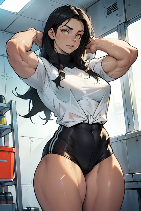 ((((muscular 1girl)))) ((((thick thighs toned body sidelocks)))) (pale skin) black hair yellow eyes very long hair tight shirt