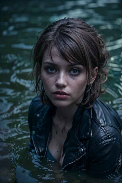 (Best Quality,hight resolution,Masterpiece, Overhead view:1.20),Ultra-detailed,The woman,Jeans,leather jacket,sickly,drowning in a swamp,standingn:1.2, lecherously posing:1.3,sissy, Expressions of shame:1.3,gloomy ecstasy,dark gloomy atmosphere,gritty text...