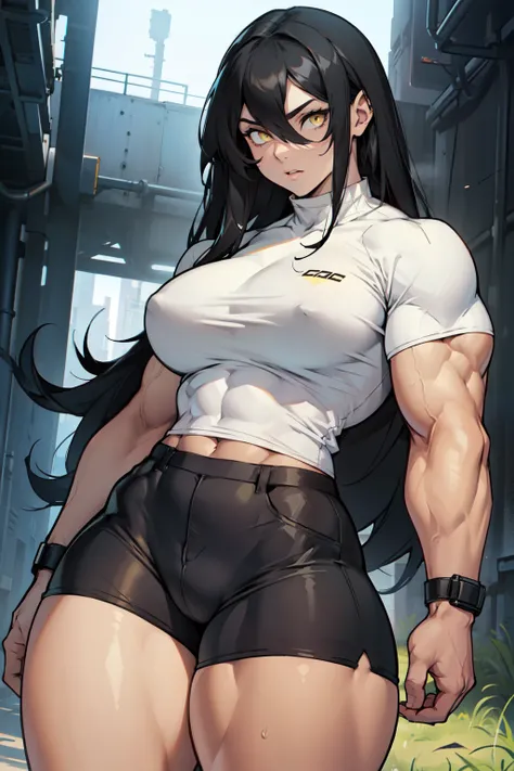 ((((muscular 1girl)))) ((((thick thighs toned body)))) (pale skin) black hair yellow eyes very long hair tight shirt and pants hair intakes