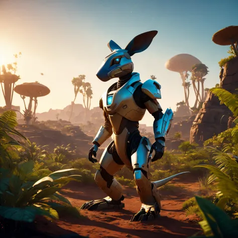 Araff stands in a field of plants against the sky, key art, Biomutant, Ratchet and clang, Ray tracing on, Ray tracing on, created in unreal engine 5, ( ( Unreal engine ) ), ratchet & clang, rendered in redshift, Game provided. Octane Render, screenshot fro...