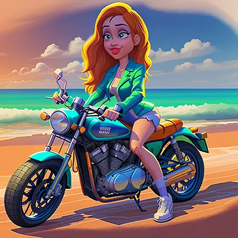 cartoon girl on a motorcycle on the beach with a cloudy sky, arte dos desenhos animados, in cartoon style, Cartoon style illustration, estilo dos desenhos animados, pintura digital dos desenhos animados, airbrush render, motocicleta, estilo de arte dos des...