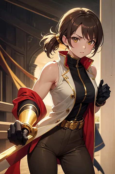 Anime Pirate woman. Short light brown hair, gold ring holding light brown pony tail below her hair, Golden eyes, white sleeveless shirt, red sleeveless jacket. black gloves with gold rings, dark gray pants, Holding a long pirate sword.