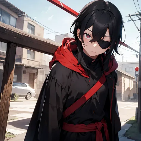 Teen male,wears a black outfit with a red cloak draped over his shoulders. He covers his eyes with a red blindfold, and his hair is black and medium-length. He carries three swords with him at all times, two strapped to his back and a smaller one at his wa...