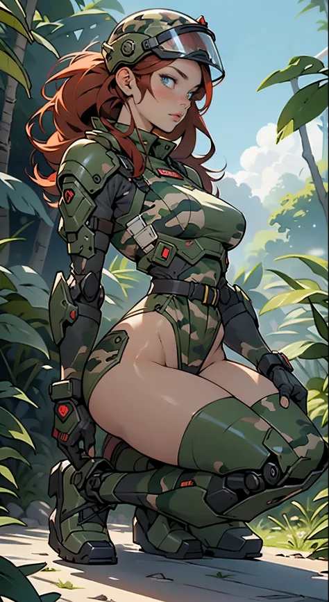 1woman 20 years old, max resolution, sculpted, military, wearing a soldier helmet, beautiful, perfect body, red hair, blue eyes, perfect body, thin waist, wide hips, large breasts, slim thighs, jungle background, armored vehicle, military robot dog, camouf...