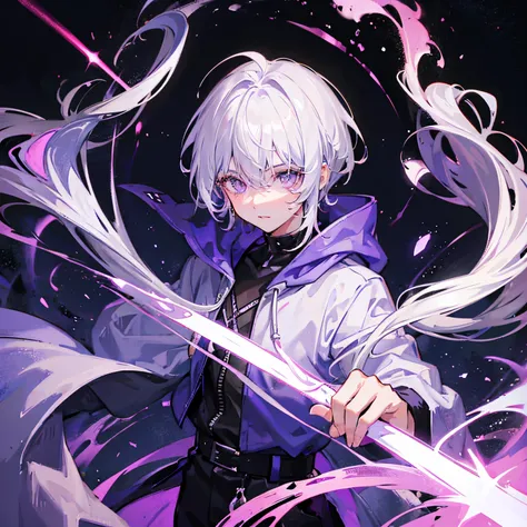 Boy with white hair purple glowing eyes wearing a hoodie