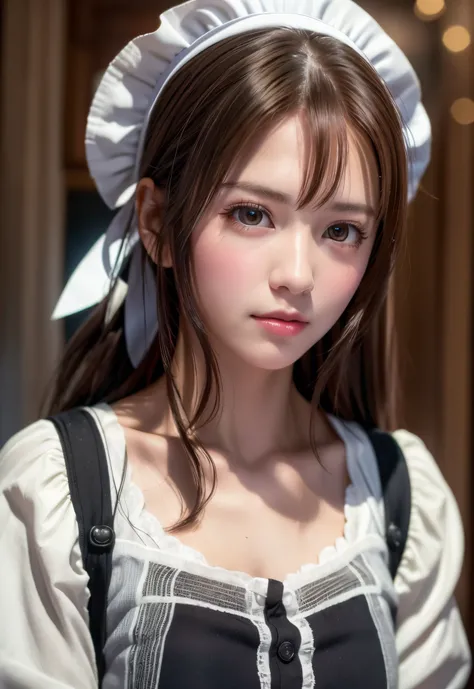 8K, of the highest quality, masutepiece:1.2), (Realistic, Photorealsitic:1.37), of the highest quality, masutepiece, Beautiful young woman, Pensive expression,、A charming、and an inviting look, Cute Maid Clothes, Hair tied back, Cinematic background, Light ...